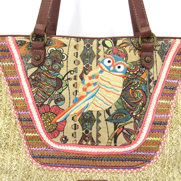 Sakroots Meadow Medium Beige and Multicolor Satchel with Embroidered Owl - Picture 3 of 11